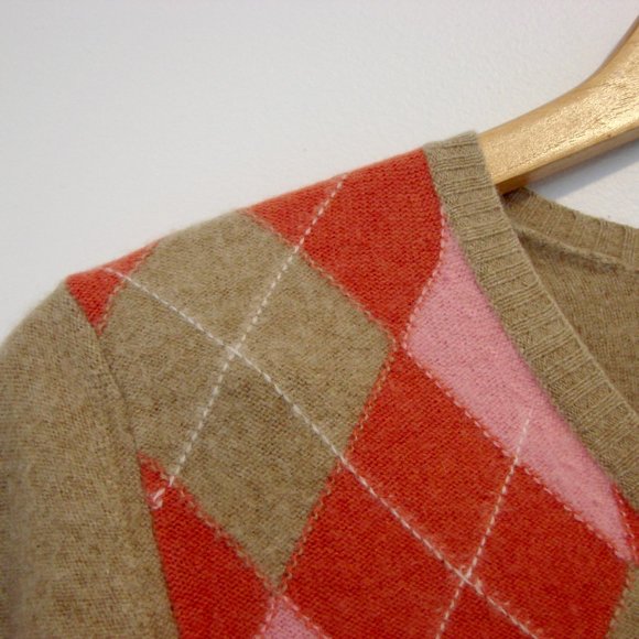 Cashmere Argyle V-neck Short Sleeve Sweater Beige Pink Size PS Petite Small - Picture 3 of 14